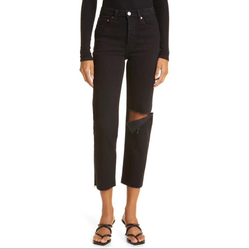 Re/Done 70s Stove Pipe Jeans High Waist Raw Hem Washed Black - Picture 3 of 6